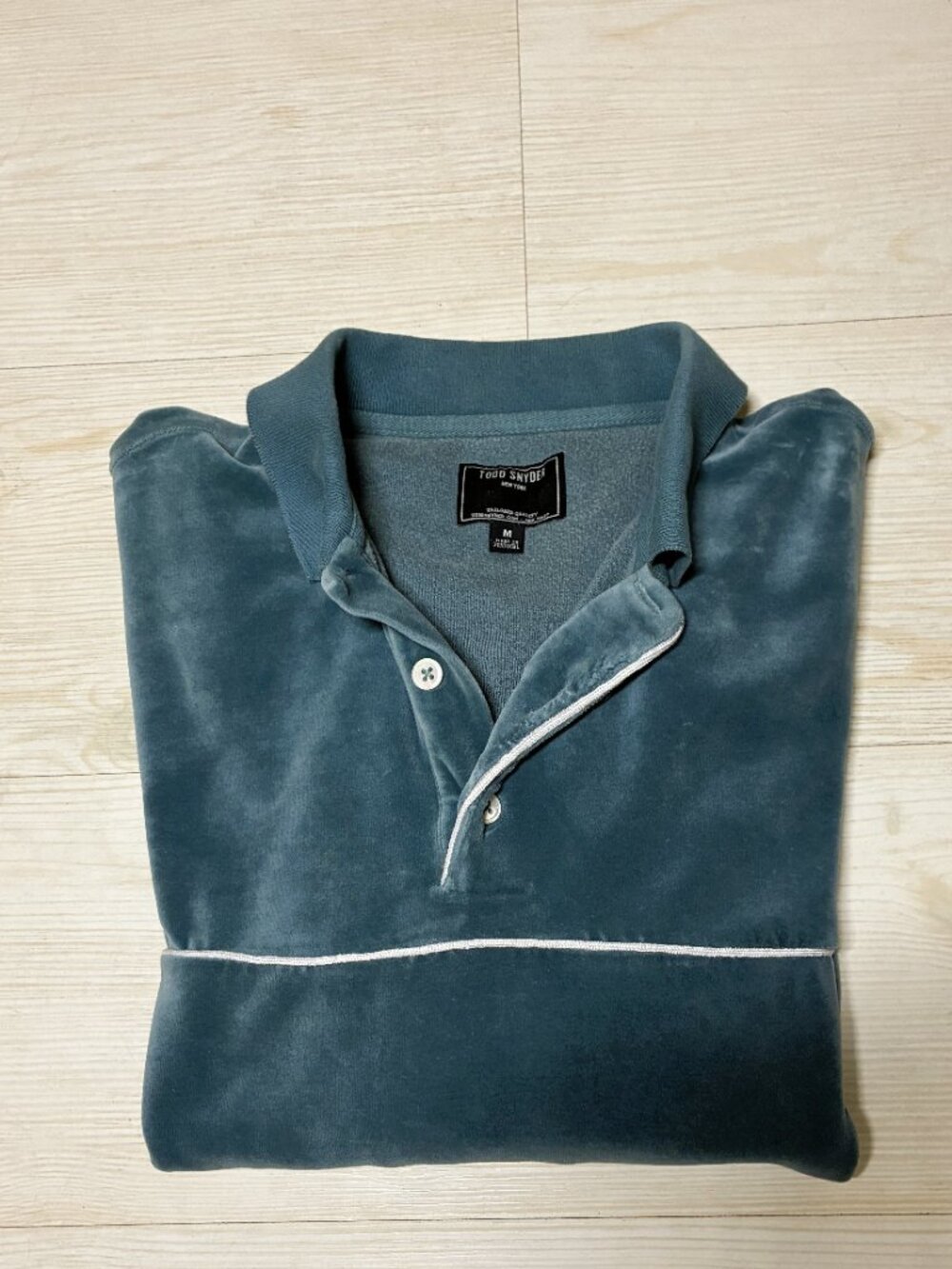 Todd Snyder Piped Velour Polo Long Sleeve Shirt Blair Blue/Teal Size Medium - Picture 3 of 6